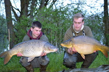 Adam & Harry with a brace of carp, Lees Lake, France, 2016. Adam's carp weighing 28lb.
